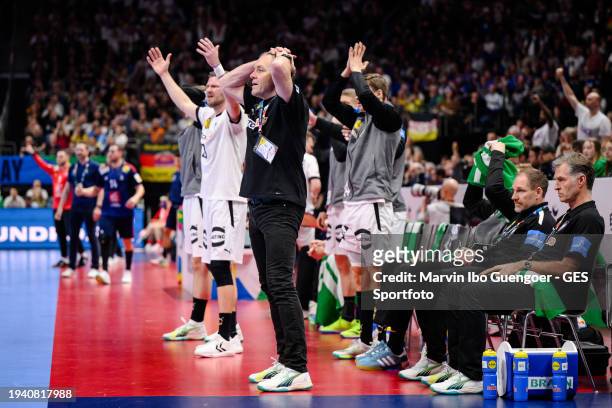 Head Coach Alfred Gislason of Germany looks dejected during the Men's EHF Euro 2024 preliminary round match between France and Germany at...