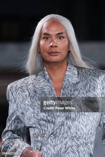 Sutan "Raja" Amrull walks the runway during the LGN Louis Gabriel Nouchi Menswear Fall/Winter 2024-2025 show as part of Paris Fashion Week on January...