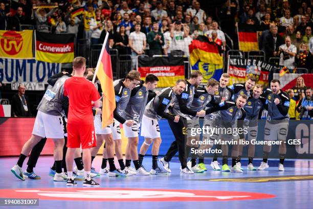 The team of Germany motivating themselves prior to the Men's EHF Euro 2024 preliminary round match between France and Germany at Mercedes-Benz Arena...