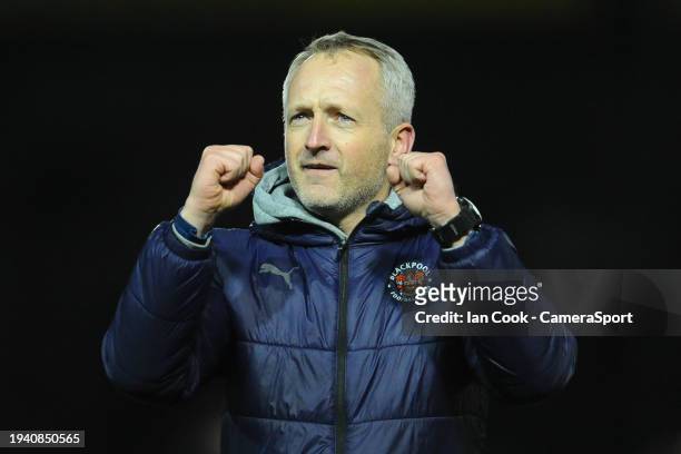 Blackpool manager Neil Critchley celebrates at the final whistle during the Sky Bet League One match between Bristol Rovers and Blackpool at Memorial...