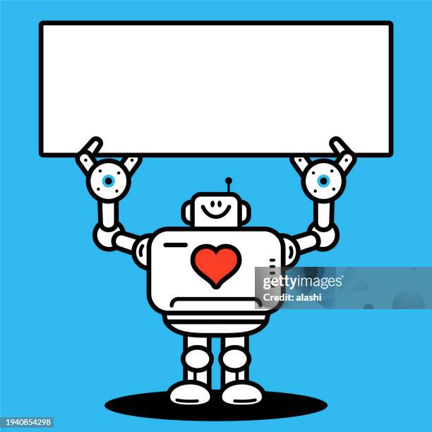 love and technology concept, an artificial intelligence robot with a love heart symbol holds a blank sign - emotional intelligence stock illustrations