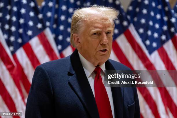 Former President Donald Trump speaks at a press conference at 40 Wall Street on January 17, 2024 in New York City. Trump held a press conference...