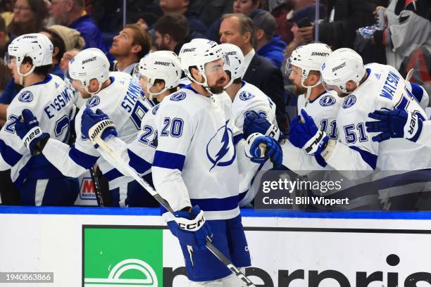 Nicholas Paul of the Tampa Bay Lightning celebrates his first period goal against the Buffalo Sabres during an NHL game on January 20, 2024 at...