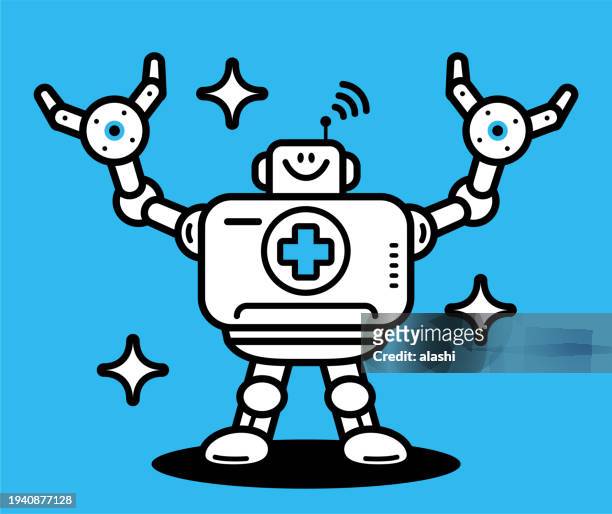an artificial intelligence robot doctor raises its arms to welcome a hug - robotic surgical system stock illustrations