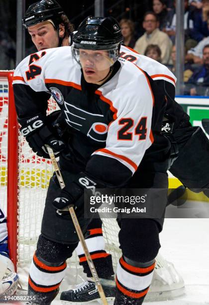 Sami Kapanen of the Philadelphia Flyers skates against the Toronto Maple Leafs during NHL game action on November 1, 2003 at Air Canada Centre in...