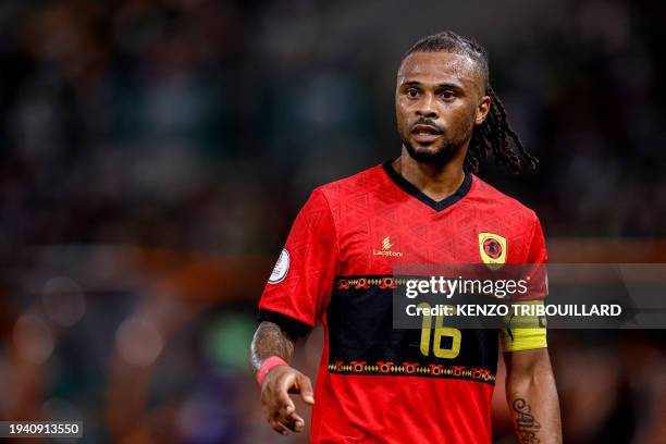 Angola's midfielder Fredy reacts during the Africa Cup of Nations 2024 group D football match between Mauritania and Angola at Stade de la Paix in...