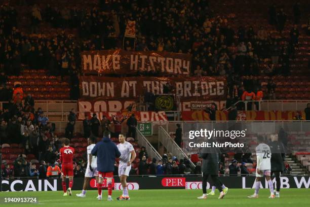 Middlesbrough fans are holding up a banner at full time ahead of their Carabao Cup semi-final against Chelsea during the Sky Bet Championship match...