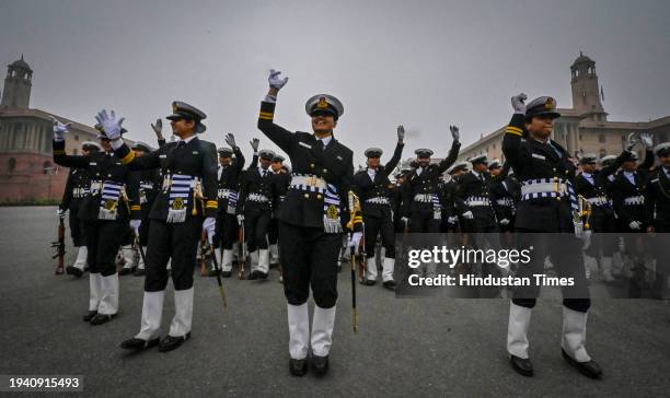 Indian Coast Guard contingent personnel during rehearsal for the Republic Day Parade 2024, on January 20, 2024 in New Delhi, India.