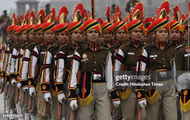 Women contingent from Delhi Police personnel during rehearsal for the Republic Day Parade 2024, on January 20, 2024 in New Delhi, India.