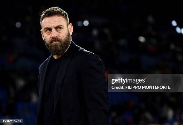 Roma former player and newly appointed coach Daniele De Rossi reacts at the end of the Italian Serie A football match between AS Roma and Hella...