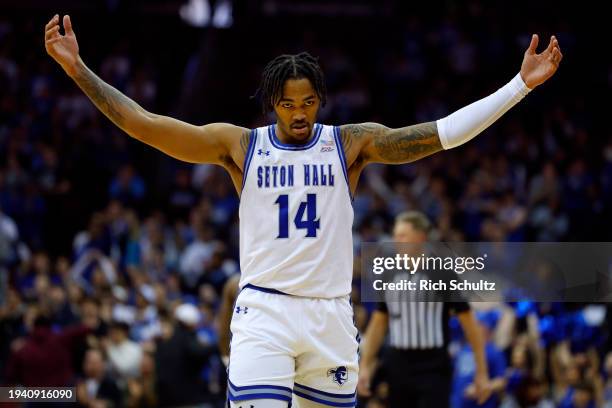 Dre Davis of the Seton Hall Pirates gestures after sinking a three-point basket against the Creighton Bluejays during the second half of a game at...