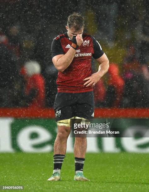 Limerick , Ireland - 20 January 2024; A dejected Alex Kendellen of Munster at the final whistle of during the Investec Champions Cup Pool 3 Round 4...
