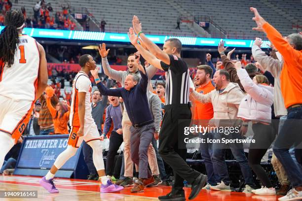 Syracuse Orange Guard Quadir Copeland reacts to making the game winning shot with the crowd during the second half of the College Basketball game...