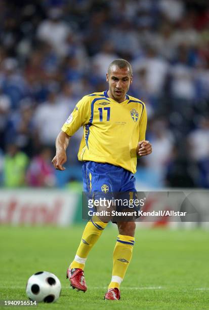 June 10: Henrik Larsson of Sweden on the ball during the UEFA Euro 2008 Group D match between Greece and Sweden at Em Stadion on June 10, 2008 in...