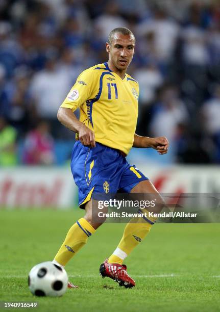 June 10: Henrik Larsson of Sweden on the ball during the UEFA Euro 2008 Group D match between Greece and Sweden at Em Stadion on June 10, 2008 in...