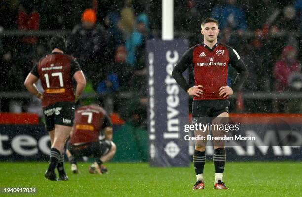 Limerick , Ireland - 20 January 2024; A dejected Jack Crowley of Munster and his teammates at the final whistle of during the Investec Champions Cup...