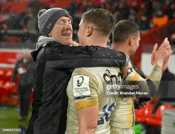 Limerick , Ireland - 20 January 2024; Northampton Saints head coach Sam Vesty, left, celebrates with Fin Smith after the Investec Champions Cup Pool...