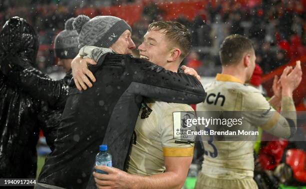 Limerick , Ireland - 20 January 2024; Northampton Saints head coach Sam Vesty, left, celebrates with Fin Smith after the Investec Champions Cup Pool...