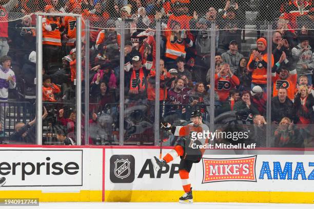 Cam Atkinson of the Philadelphia Flyers reacts after scoring a goal against the Colorado Avalanche in the third period at the Wells Fargo Center on...