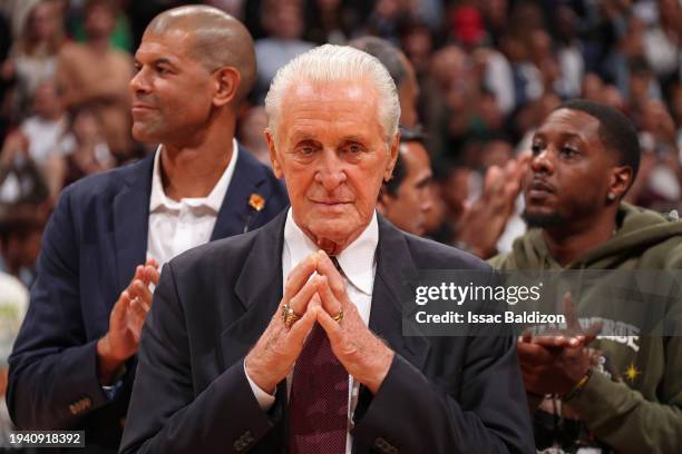 Pat Riley looks on during Udonis Haslem jersey Retirement on January 19, 2024 at Kaseya Center in Miami, Florida. NOTE TO USER: User expressly...