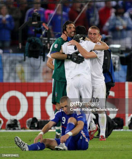 June 17: Gianluigi Buffon of Italy and Daniele De Rossi of Italy celebrate with a dejected looking Karim Benzema of France after the UEFA Euro 2008...