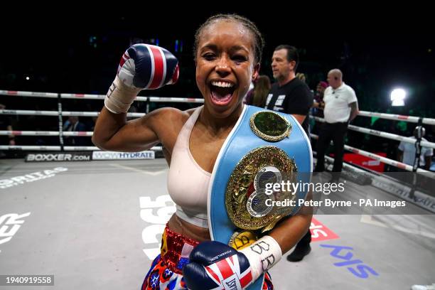 Natasha Jonas celebrates winning the IBF Welterweight Title bout against Mikaela Mayer at the M&S Bank Arena, Liverpool. Picture date: Saturday...