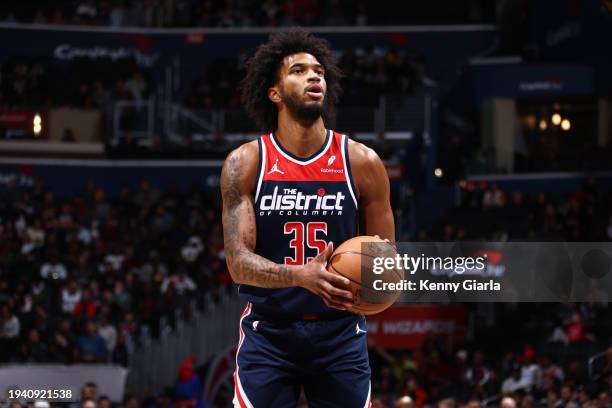 Marvin Bagley III of the Washington Wizards shoots a free throw during the game against the San Antonio Spurs on January 20, 2024 at Capital One...