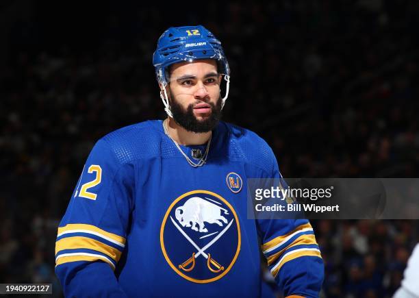 Jordan Greenway of the Buffalo Sabres prepares for a faceoff against the Tampa Bay Lightning during an NHL game on January 20, 2024 at KeyBank Center...