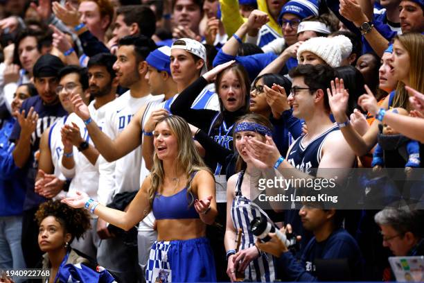 Cameron Crazies and fans of the Duke Blue Devils cheer during the first half of the game against the Pittsburgh Panthers at Cameron Indoor Stadium on...