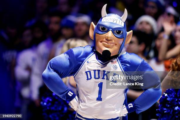 The mascot of the Duke Blue Devils looks on prior to their game against the Pittsburgh Panthers at Cameron Indoor Stadium on January 20, 2024 in...
