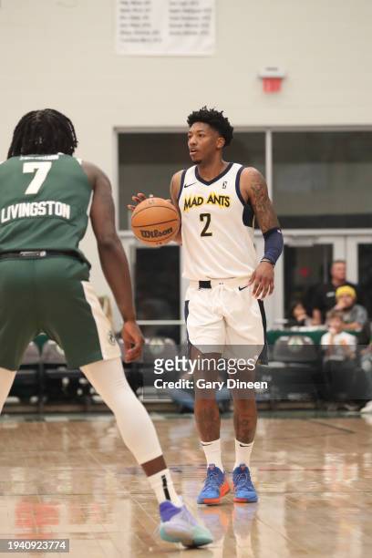 Elfrid Payton of the Indiana Mad Ants dribbles the ball during the game against the Wisconsin Herd during an NBA G-League game on January 20, 2024 at...
