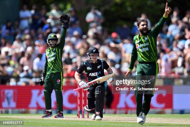 Tim Seifert of New Zealand is out lbw during game five of the Men's T20 International series between New Zealand and Pakistan at Hagley Oval on...