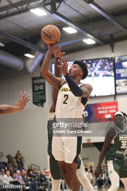Elfrid Payton of the Indiana Mad Ants drives to the basket during the game against the Wisconsin Herd during an NBA G-League game on January 20, 2024...