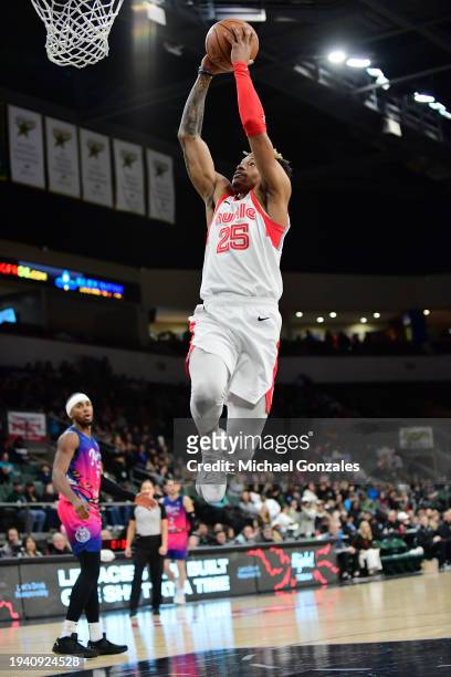 January 20, 2024: Adonis Arms of the Memphis Hustle dunks the ball against the Austin Spurs on January 20, 2024 at H-E-B Center at Cedar Park Texas....