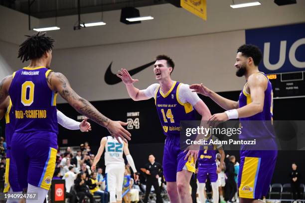 Colin Castleton of the South Bay Lakers celebrates after the game against the Greensboro Swarm on January 20, 2024 at UCLA Heath Training Center in...