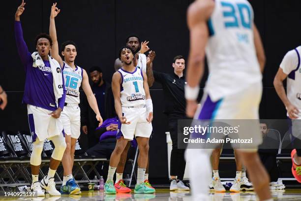 Members of the Greensboro Swarm celebrate during the game against the South Bay Lakers on January 20, 2024 at UCLA Heath Training Center in El...