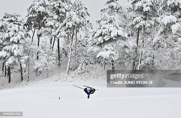 France's Antonin Guy competes in the single mixed relay 6km+7.5km biathlon during the Gangwon 2024 Winter Youth Olympic Games at Alpensia Biathlon...