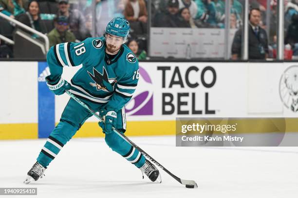 Filip Zadina of the San Jose Sharks skates with the puck against the Anaheim Ducks at SAP Center on December 20, 2024 in San Jose, California.