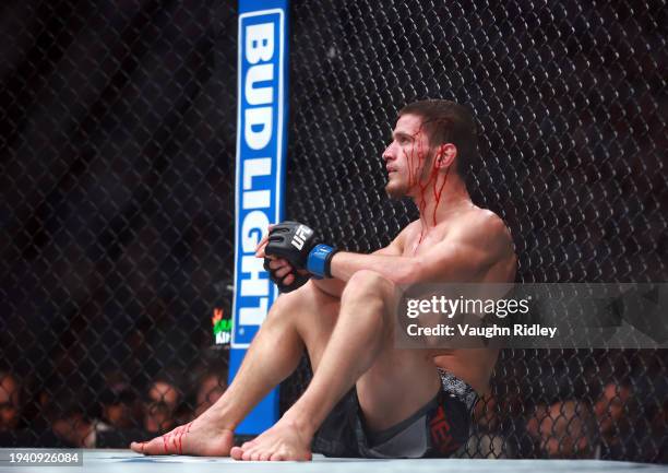 Movsar Evloev of Russia looks on in a featherweight bout against Arnold Allen of England during the UFC 297 event at Scotiabank Arena on January 20,...