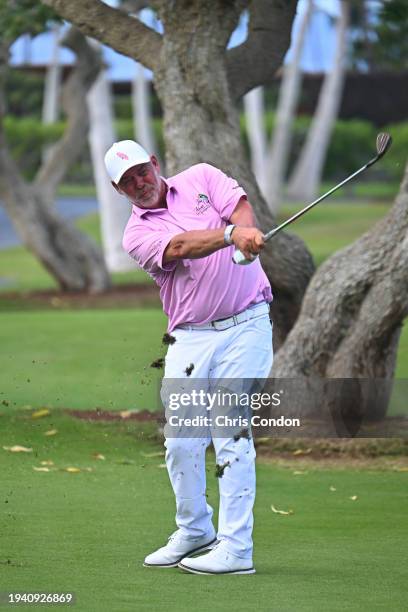 Darren Clarke of Ireland plays his second shot on the first hole during the final round of the PGA TOUR Champions Mitsubishi Electric Championship at...