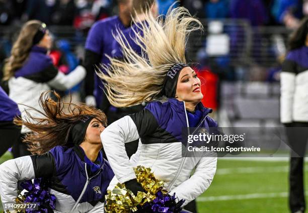 Baltimore Ravens cheerleader perform during the Houston Texans game versus the Baltimore Ravens in the AFC Divisional Playoffs on January 20, 2024 at...