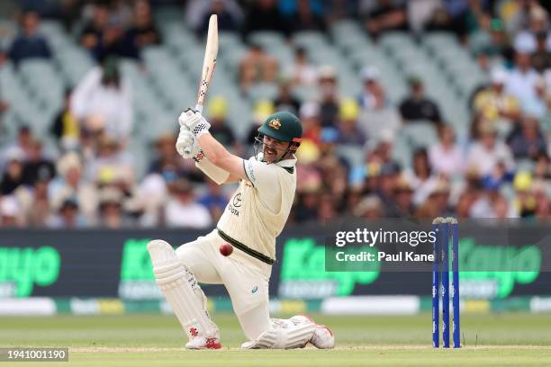 Travis Head of Australia bats during day two of the First Test in the Mens Test match series between Australia and West Indies at Adelaide Oval on...