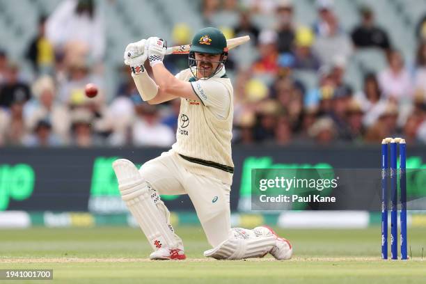 Travis Head of Australia bats during day two of the First Test in the Mens Test match series between Australia and West Indies at Adelaide Oval on...