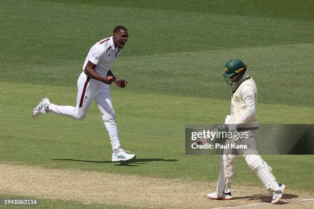 Justin Greaves of the West Indies celebrates the wicket of Usman Khawaja of Australia during day two of the First Test in the Mens Test match series...