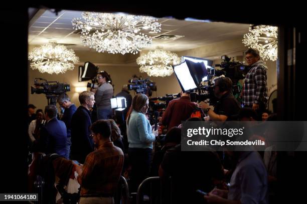 Journalists are crammed into a corral at the back of a ballroom at the Sheraton Portsmouth Harborside Hotel for a campaign rally with Republican...