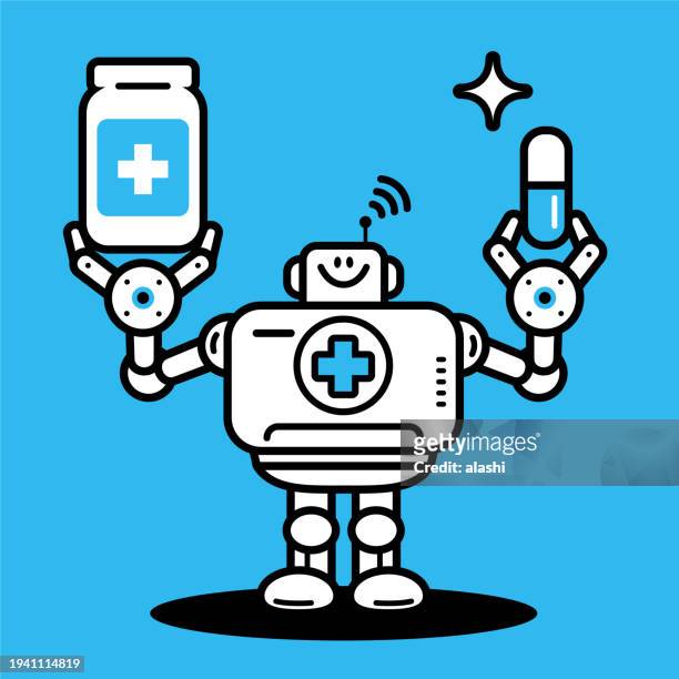 digital health companion, an artificial intelligence robot doctor holding a medicine jar and a capsule - personalized medicine stock illustrations