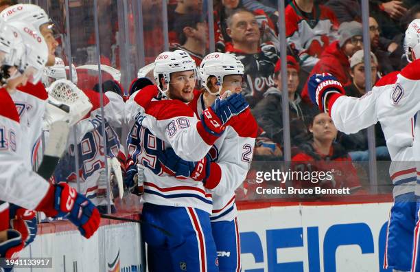 Joshua Roy of the Montreal Canadiens celebrates his first NHL goal against the New Jersey Devils during the second period at Prudential Center on...