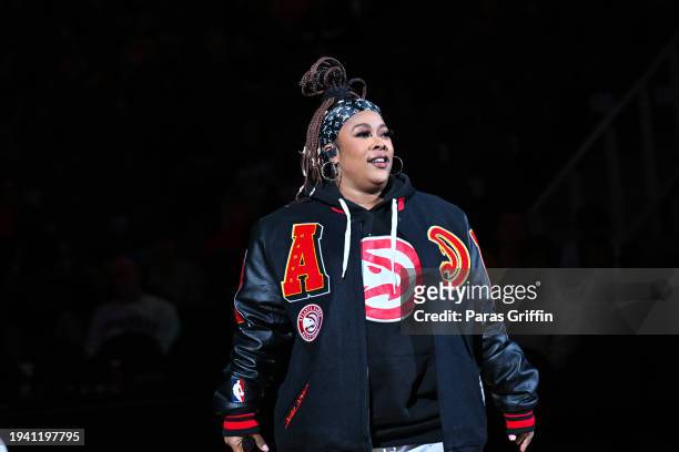 Rapper Da Brat performs at halftime during the game between Orlando Magic and the Atlanta Hawks at State Farm Arena on January 17, 2024 in Atlanta,...