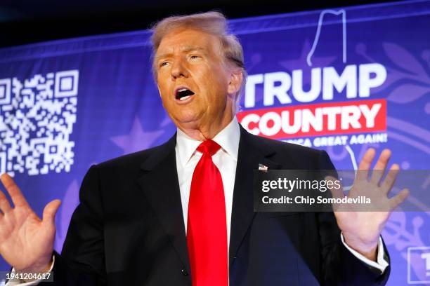 Former President Donald Trump speaks at a campaign rally at the Sheraton Portsmouth Harborside Hotel on January 17, 2024 in Portsmouth, New...