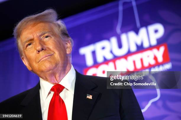 Former President Donald Trump speaks at a campaign rally at the Sheraton Portsmouth Harborside Hotel on January 17, 2024 in Portsmouth, New...